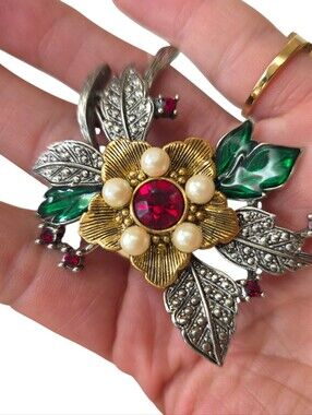 Vintage Avon Gold-Tone Floral Brooch Red Crystal, Pearls & Green Enamel Leaves